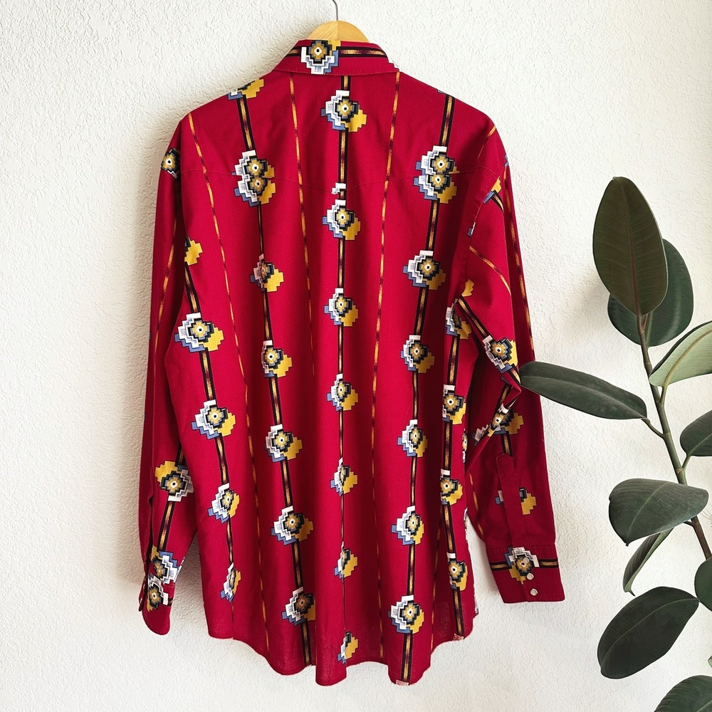 VTG Wrangler Mens Pearl Snap Southwestern Shirt XL Aztec Print Rodeo Cowboy 90s - Picture 3 of 9